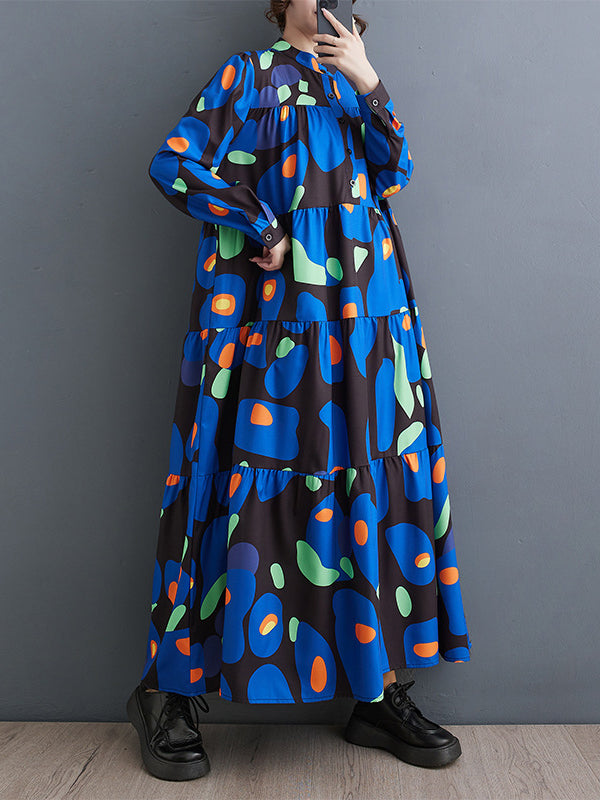 Pleated Printed Split-Joint Long Sleeves Loose Stand Collar Midi Dresses