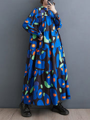 Pleated Printed Split-Joint Long Sleeves Loose Stand Collar Midi Dresses