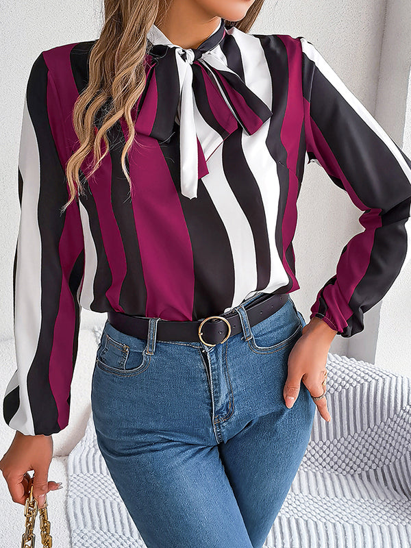 Contrast Color Elasticity Striped Tied Long Sleeves Loose Mock Neck Blouses&Shirts Tops
