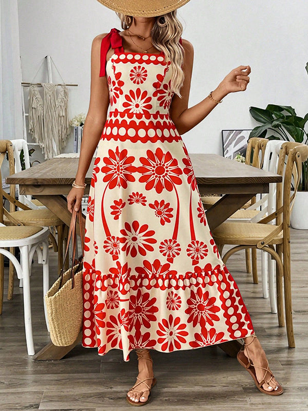 Elasticity Flower Print Pleated Tied A-Line Loose Spaghetti-Neck Midi Dresses