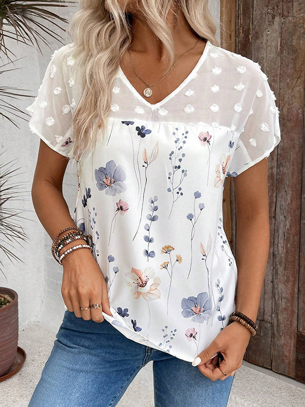 Flower Print Jacquard Split-Joint Loose Short Sleeves V-Neck T-Shirts Tops