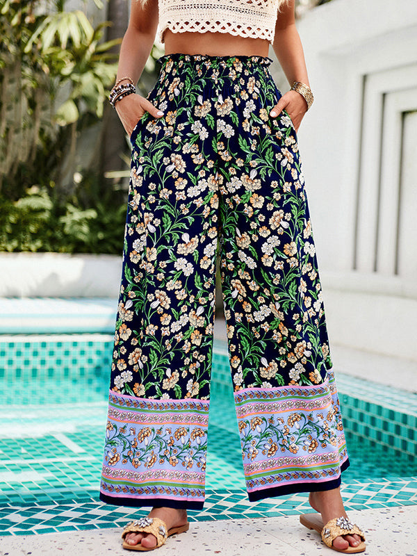 Elasticity Flower Print Pleated Pockets High Waisted Loose Trousers Pants