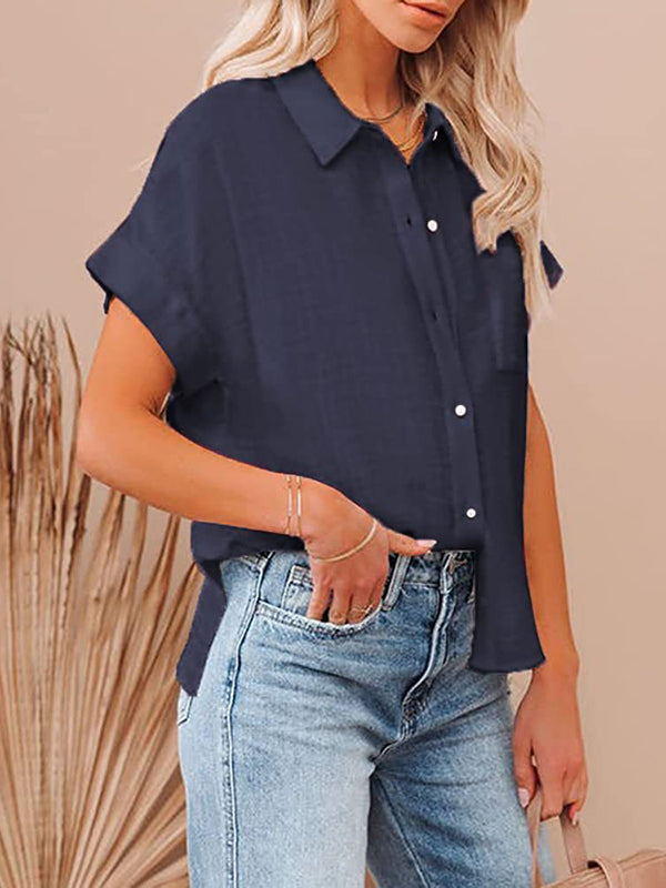Pleated Loose Short Sleeves Lapel Blouses&Shirts Tops