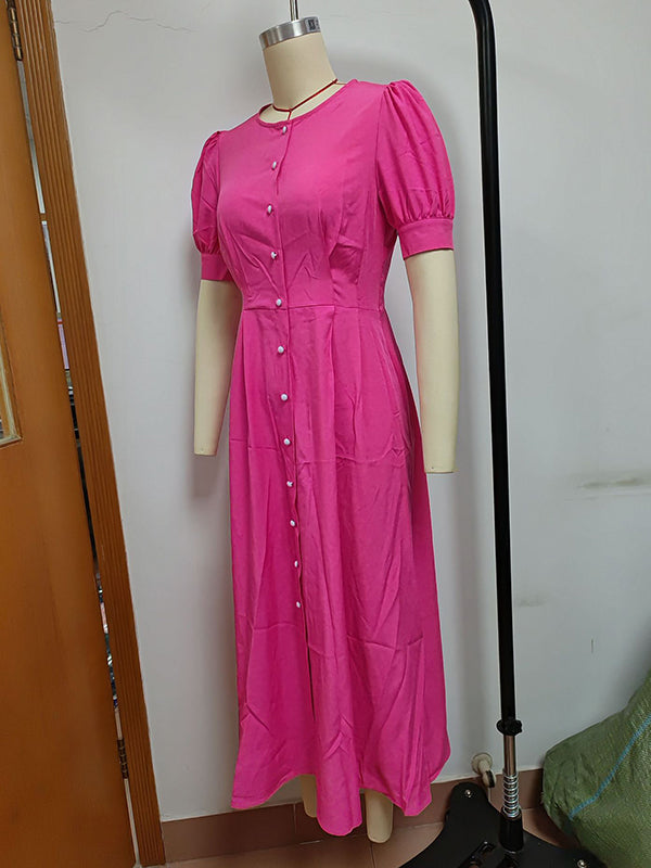Buttoned Solid Color Puff Sleeves Short Sleeves Round-Neck Shirt Dress Midi Dresses