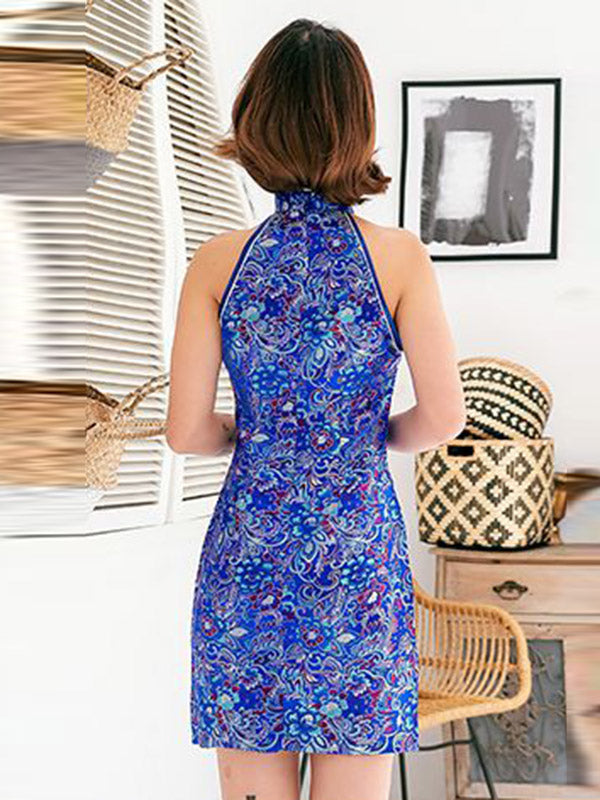 Original Floral Printed Stand Collar Sleeveless Short Cheongsams