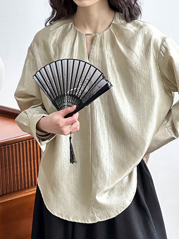 Hollow Shiny Solid Color Long Sleeves Loose Round-Neck Blouses&Shirts Tops