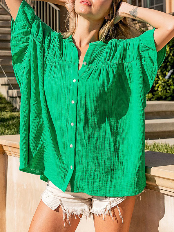 Pleated Split-Joint Batwing Sleeves Loose Round-Neck Blouses&Shirts Tops