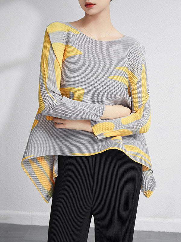 Casual Irregularity Loose Printed Pleated Round-Neck T-Shirts Tops