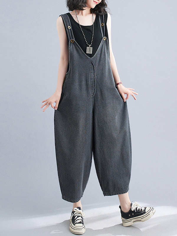 Buttoned Cropped Loose Denim Overalls