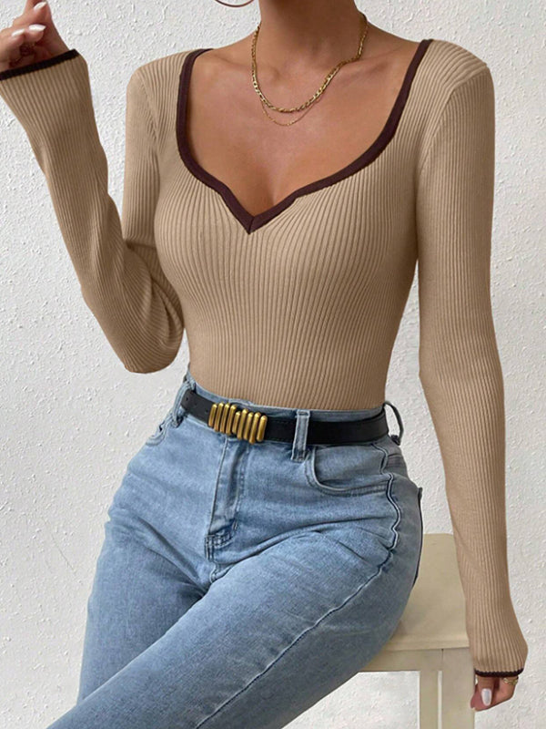 Contrast Color Pleated Split-Joint Long Sleeves Skinny V-Neck T-Shirts