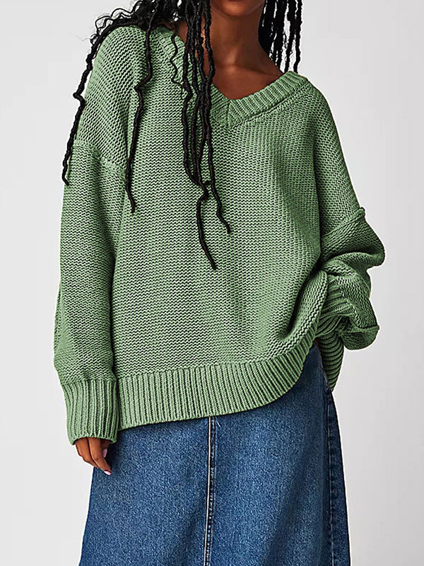 Solid Color Velvet Long Sleeves Loose V-Neck Sweater Tops Pullovers