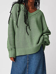 Solid Color Velvet Long Sleeves Loose V-Neck Sweater Tops Pullovers