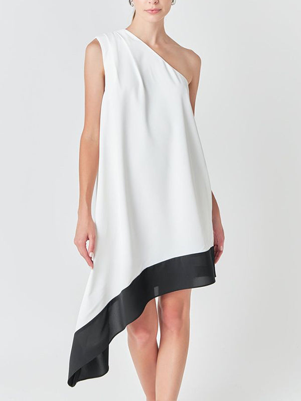 Asymmetric Contrast Color Pockets Split-Joint A-Line Loose One-Shoulder Midi Dresses