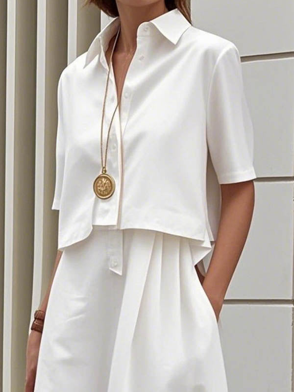 False Two Half Sleeves Buttoned Solid Color Lapel Midi Dresses Shirt Dress