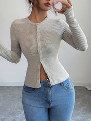 Buttoned Solid Color Long Sleeves Skinny Round-Neck Cardigan Tops