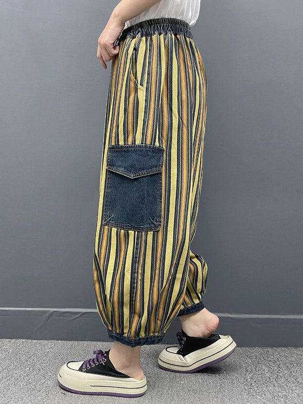 Contrast Color Drawstring Pleated Pockets Striped Loose Ninth Pants Knickerbockers Jean Pants Bottoms