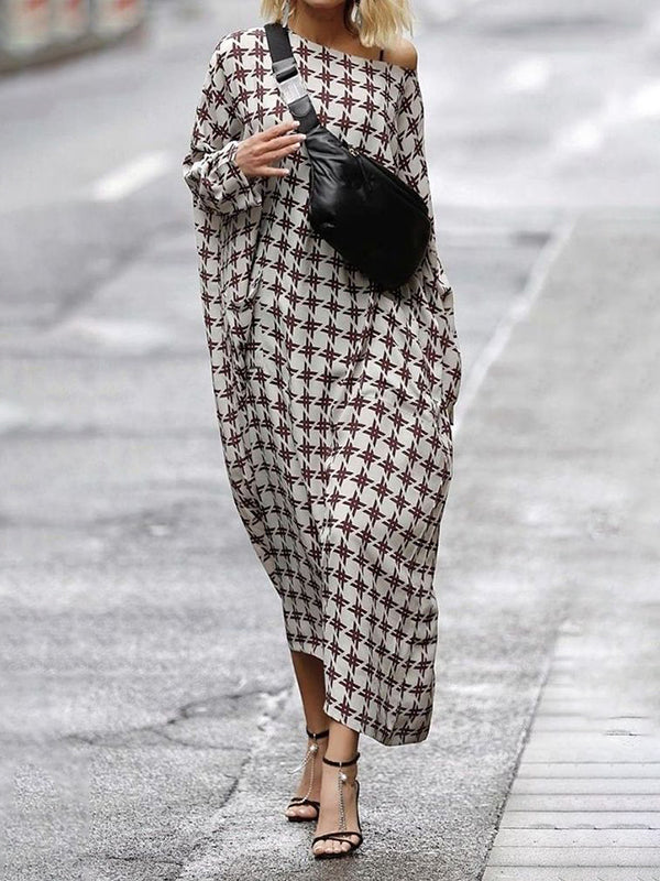 Printed Long Sleeves Loose Boat Neck Maxi Dresses