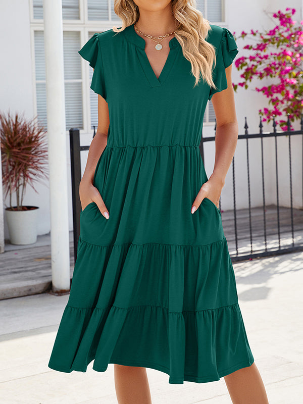 Pleated Pockets Solid Color Split-Joint Loose Ruffle Sleeves V-Neck Midi Dresses
