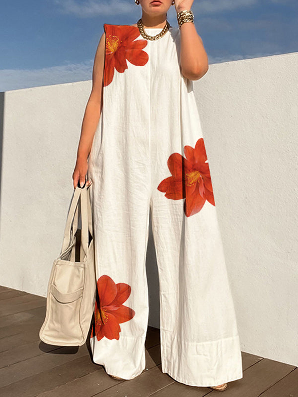 Loose Sleeveless Flower Print Round-Neck Jumpsuits