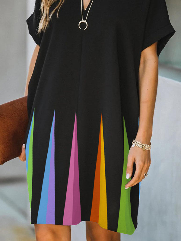 Printed Loose Short Sleeves V-Neck Mini Dresses