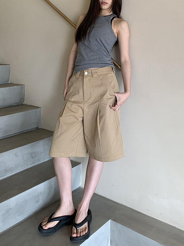 Pleated Solid Color High Waisted Loose Shorts Bottoms Half Pants