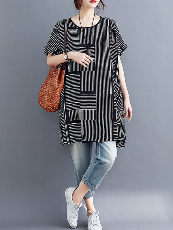Striped Loose Short Sleeves Round-Neck T-Shirts