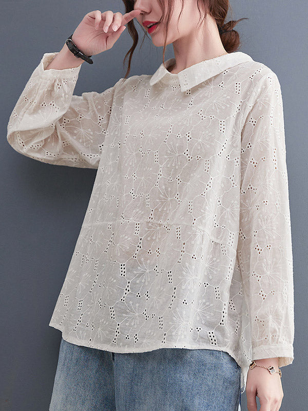 Loose 3 Colors Embroidered Hollow Lapel Collar Long Sleeves T-Shirt