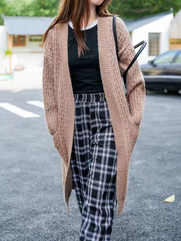 Pockets Solid Color Long Sleeves Loose Collarless Cardigan Tops