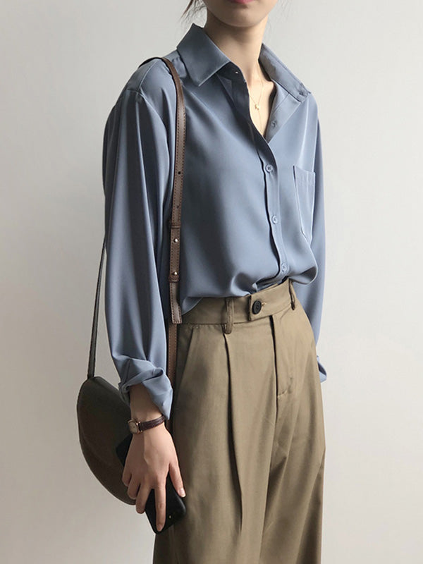 Urban Solid Color Lapel Long Sleeves Blouse