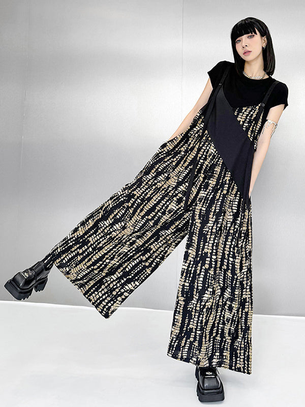 Asymmetric Contrast Color Printed Split-Joint Loose Sleeveless Spaghetti-Neck Overalls