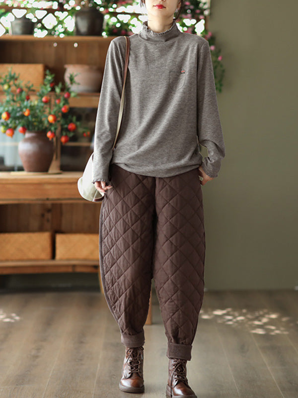 Simple Loose Long Sleeves Embroidered Falbala Solid Color High-Neck T-Shirts Tops