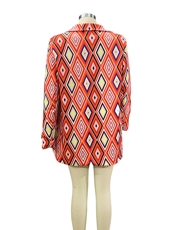 Notched Collar Long Sleeves Loose Buttoned Pockets Printed Blazer Top + Shorts Bottom Two Pieces Set