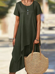 Asymmetric Solid Color Split-Joint Plus Size Short Sleeves Round-Neck Midi Dresses
