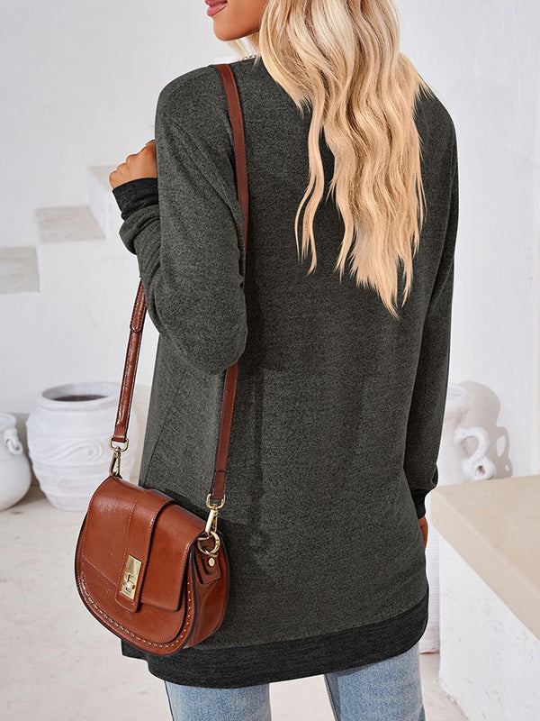 Hollow Split-Joint Split-Side Long Sleeves Loose V-Neck T-Shirts Tops