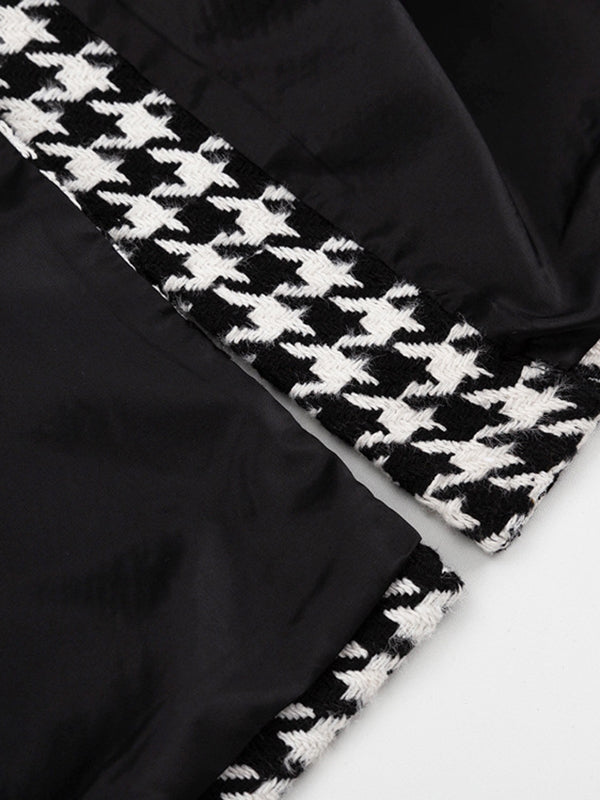 Houndstooth Split-back Split-Joint Tied Waist Long Sleeves Loose Lapel Trench Coats