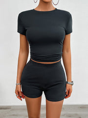 Solid Color Short Sleeves Skinny Round-Neck T-shirt Top + Shorts Bottom Two Pieces Set