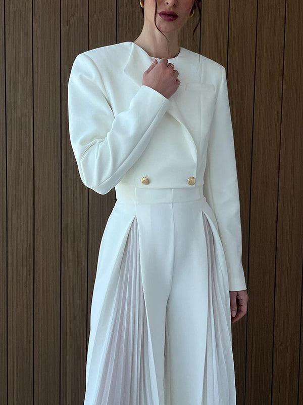 Round-Neck Long Sleeves Buttoned Solid Color Split-Joint Blazers Top +Zipper  Wide Leg Mesh Pleated Pants bottom Two Pieces Set