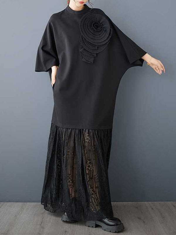Solid Color Split-Joint Three-Dimensional Flower Long Sleeves Loose Mock Neck Maxi Dresses