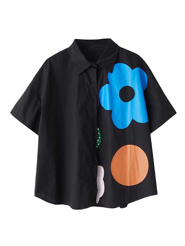 Buttoned Flower Print Loose Short Sleeves Lapel Blouses&Shirts Tops