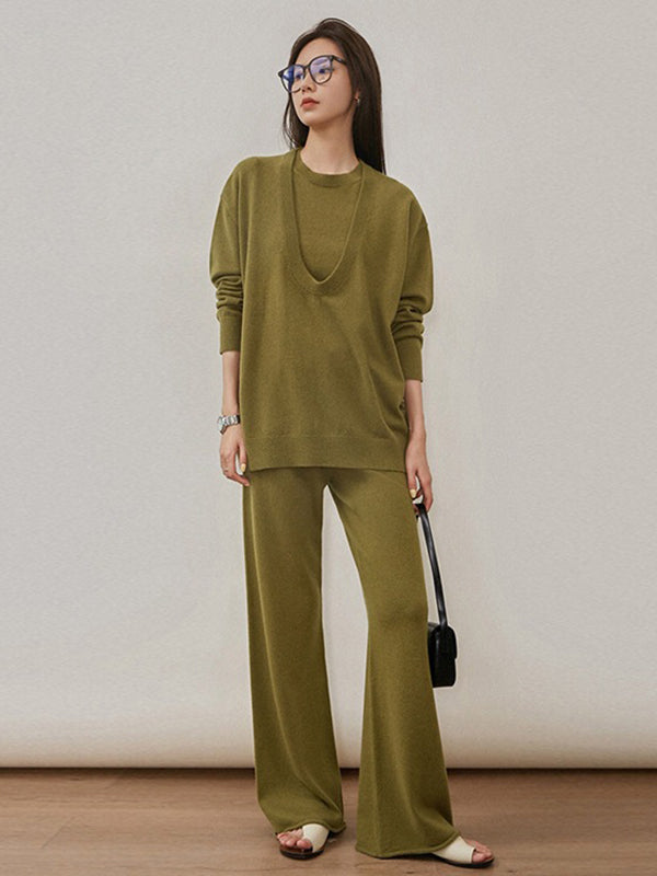 Urban Loose Solid Round-Neck Vest Top& V-Neck Sweater Tops& Wide Leg Pants Three-Piece Set
