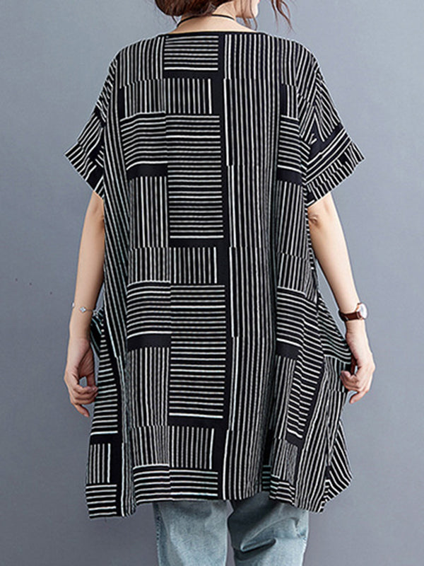 Plaid Striped Loose Short Sleeves Round-Neck T-Shirts Tops