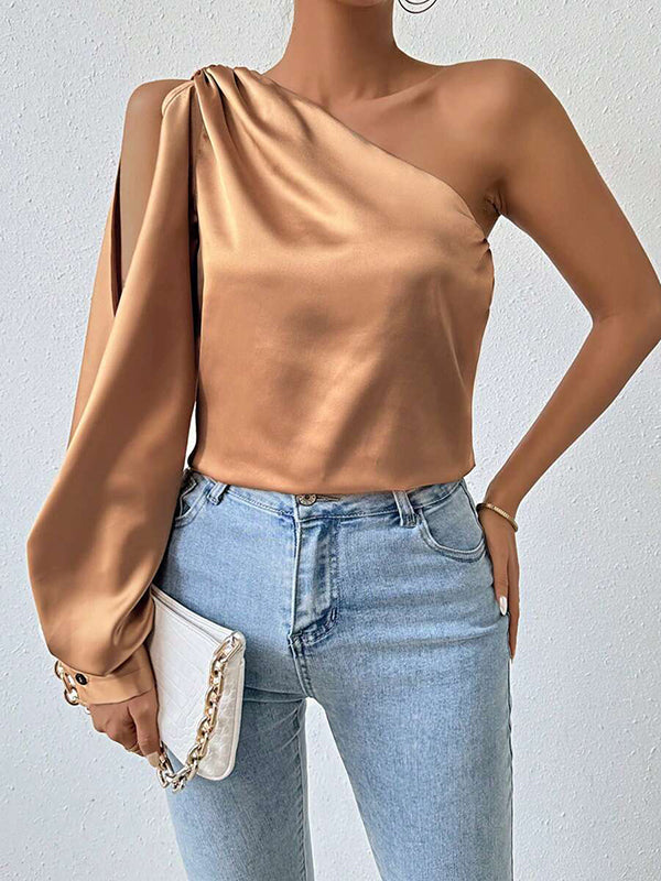 Hollow Pleated Solid Color Loose Puff Sleeves One-shoulder Blouses