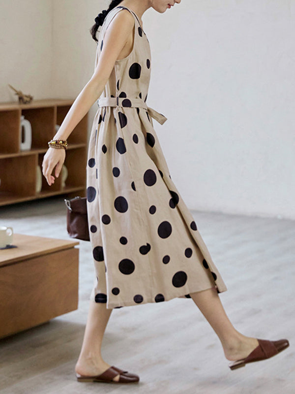 Contrast Color Pleated Polka-Dot Split-Joint Tied Waist Loose Sleeveless Round-Neck Midi Dresses