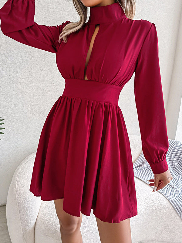 Hollow Solid Color Zipper A-Line Elasticated Waist Half Turtleneck Mini Dresses