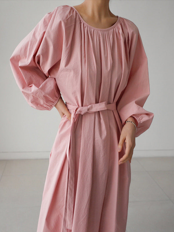 Original Casual Loose Solid Color Pleated Puff Sleeves Midi Dress