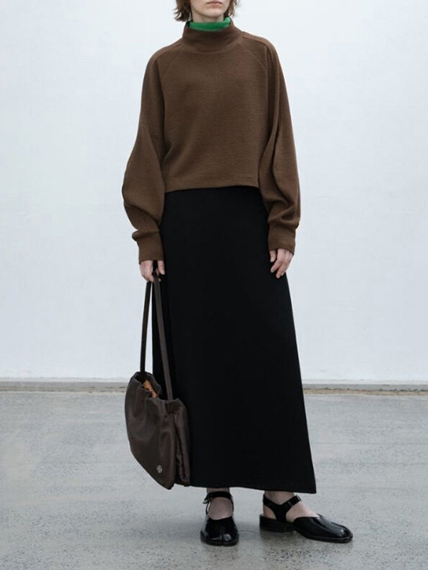 Solid Color Split-Joint Loose Puff Sleeves High Neck Sweatshirt Tops