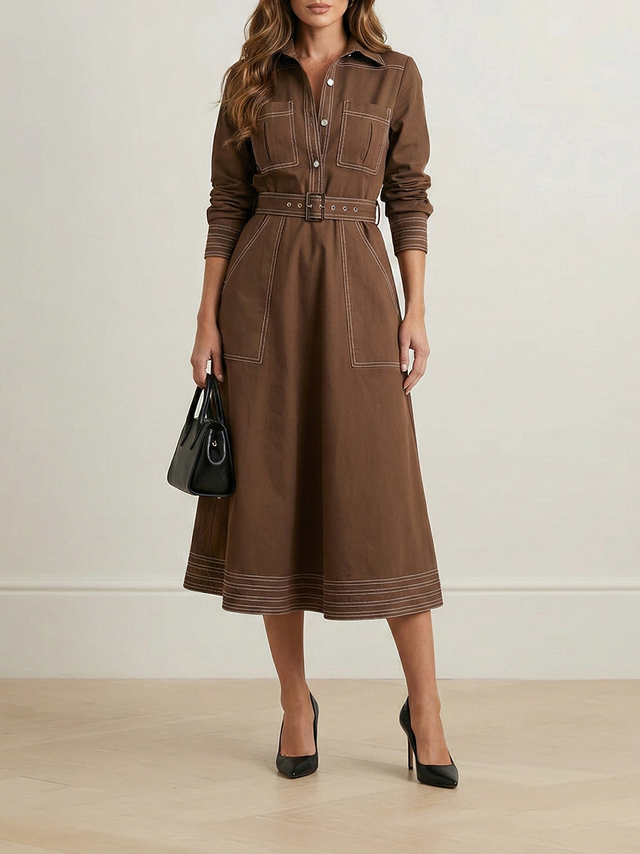 Buttoned Elasticity Pockets Solid Color Long Sleeves Loose Lapel Maxi Dresses
