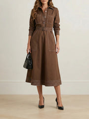 Buttoned Elasticity Pockets Solid Color Long Sleeves Loose Lapel Maxi Dresses
