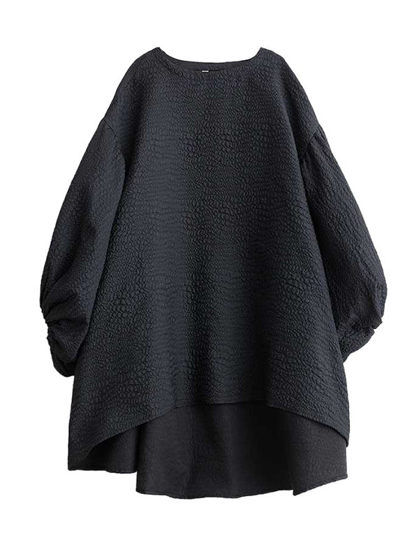 Elasticity Solid Color Split-Joint High-Low Long Sleeves Round-Neck Midi Dresses