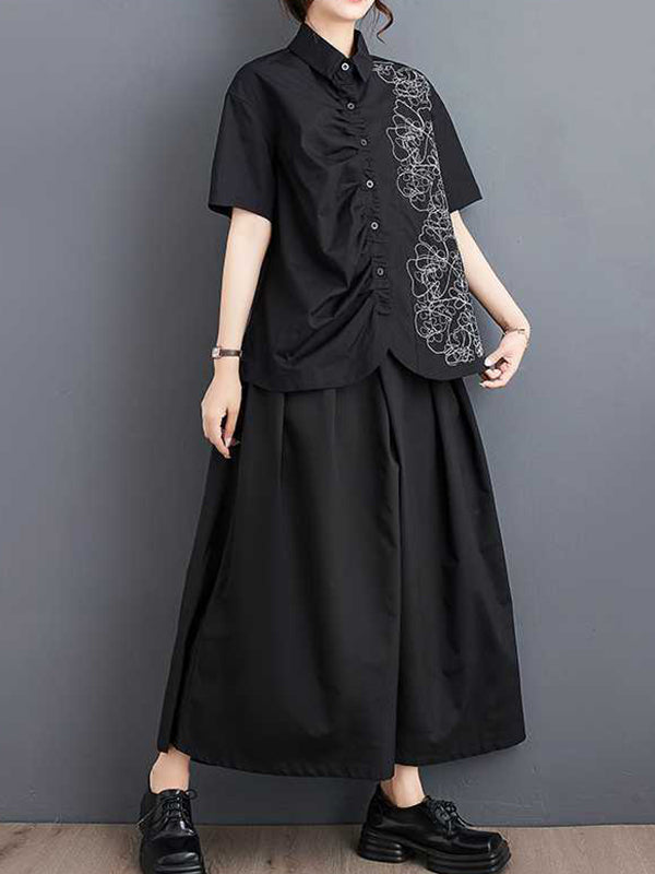 Buttoned Embroidered Pleated Irregularity Loose Lapel Collar Blouses&Shirts Tops